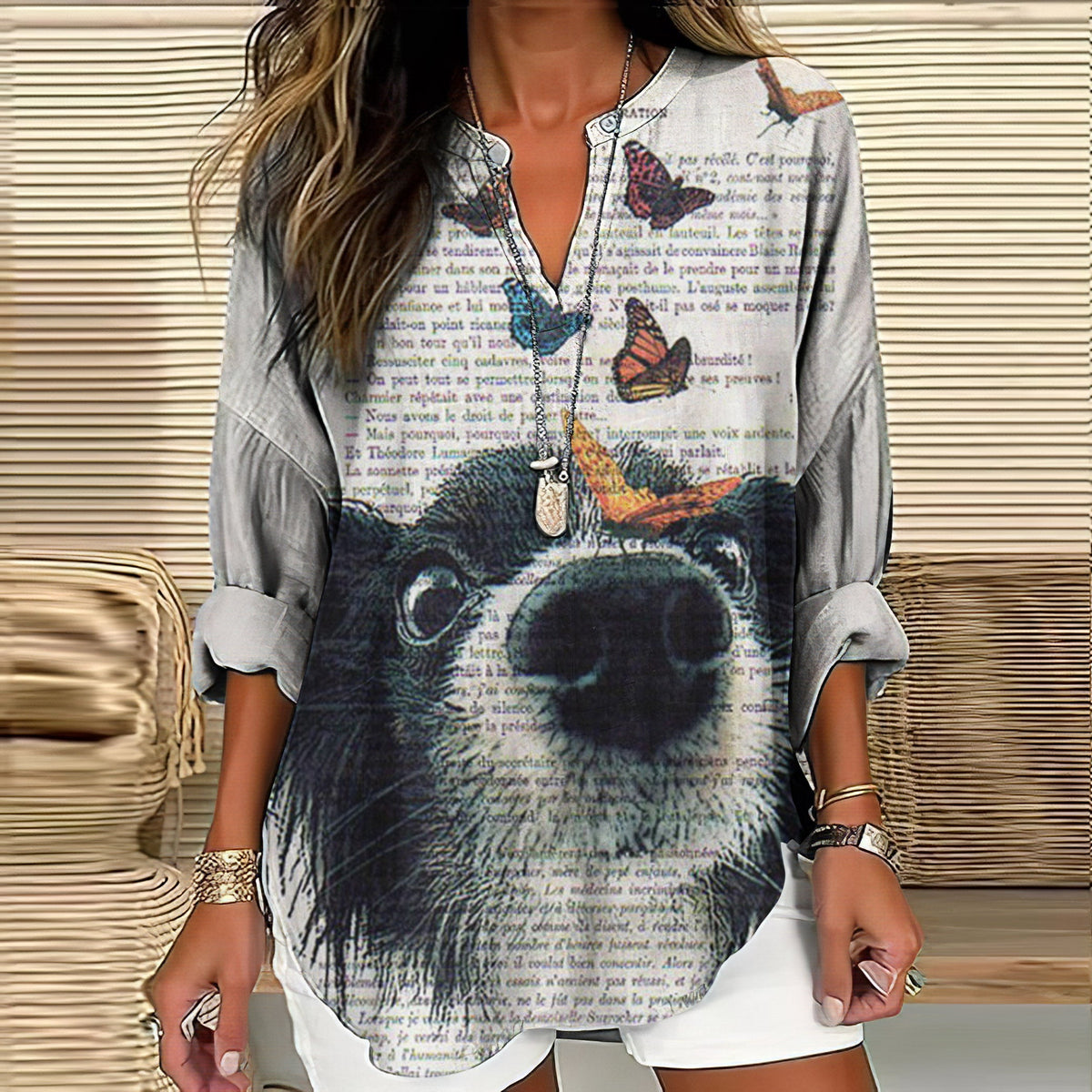 Butterfly And Dog Playing Print Women's Shirt elevenforest