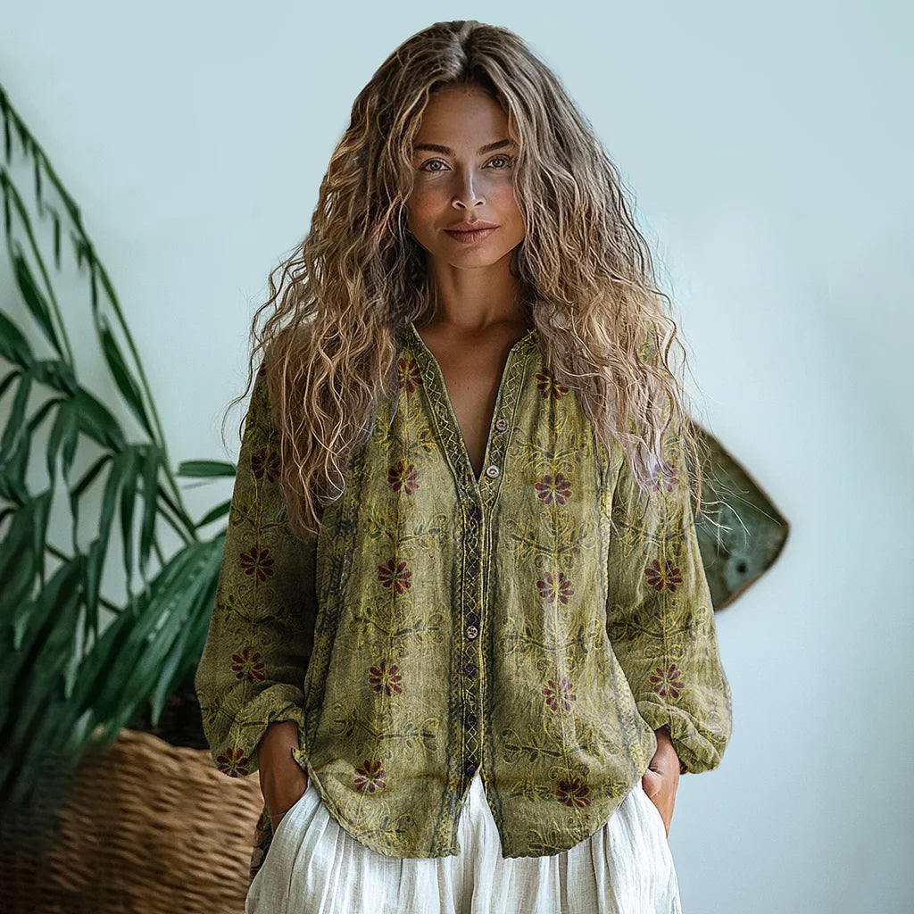 Vintage Tribal Floral Art Button Casual Shirt elevenforest