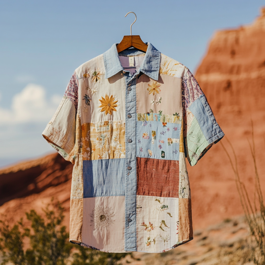 Men's Floral Applique Patchwork Art Casual Short Sleeve Shirts elevenforest
