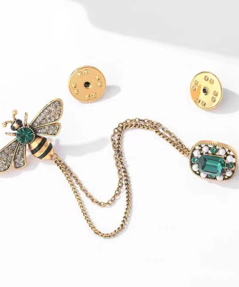Fine Green Alloy Zircon Bee Pearl Oil Drip Tassel Brooches