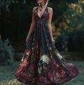 Halloween Theme Rose And Skull Pattern Women's V-neck Long Dress elevenforest