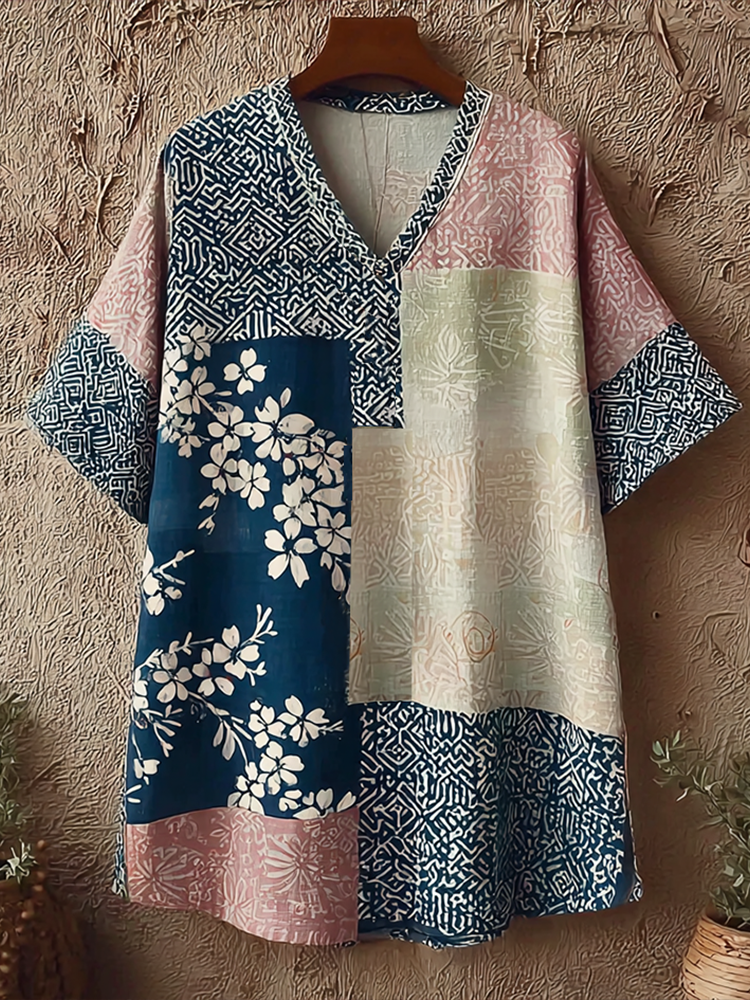 Comstylish Japanese Art Retro Geometric Patchwork Plant Flower Print Women's V-neck Cotton And Linen Top