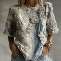Women's White Rose Paneled Denim Linen T-shirt elevenforest