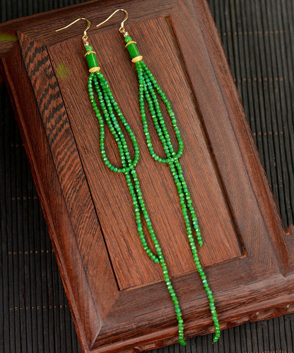Green Silver Agate Jadeite Dry Green Tassel Drop Earrings