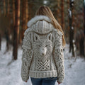 Comstylish Women's Viking Wolf Celtic Knot Art Cozy Fur Collar Knit Hooded Sweater Jacket