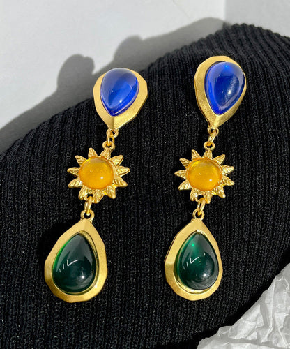 Retro Gold Sterling Silver Overgild Coloured Glaze Crystal Water Drop Drop Earrings
