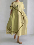 Comstylish Japanese Style Magpie Perched On A Tree Branch Round Neck Casual Dress