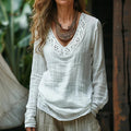 Elegant Lace Embroidery Floral Art Print Long Sleeve V-neck Shirt elevenforest