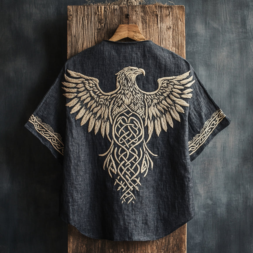 Men's Viking Tribal Eagle Celtic Art Linen Crew Neck T Shirt elevenforest