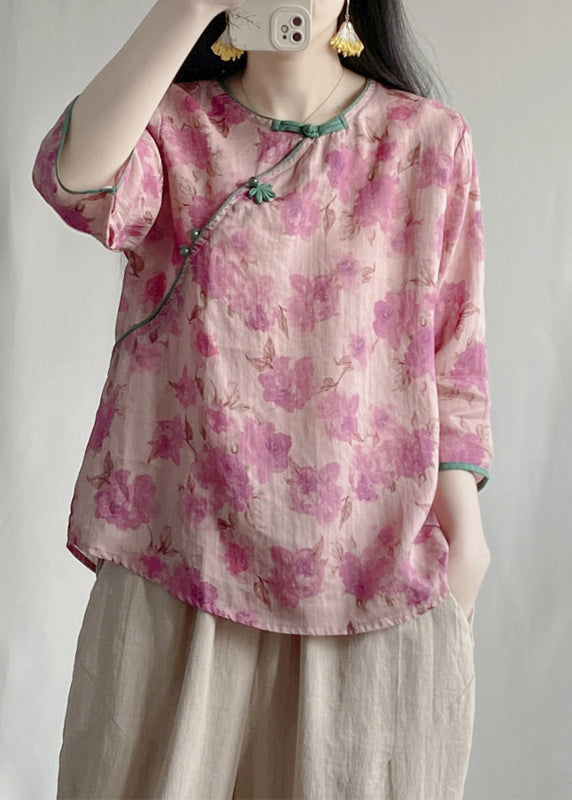 Pink Print Linen Oriental Blouses Bracelet Sleeve