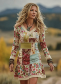 Women's Vintage Patchwork Floral Art Cozy Knit V Neck Mini Sweater Dress elevenforest