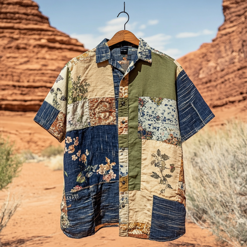 Men's Applique Patchwork Art Casual Short Sleeve Shirts elevenforest