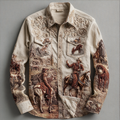 Western Cowboy Style Animal Elements Retro Cotton And Linen Men's Shirt elevenforest