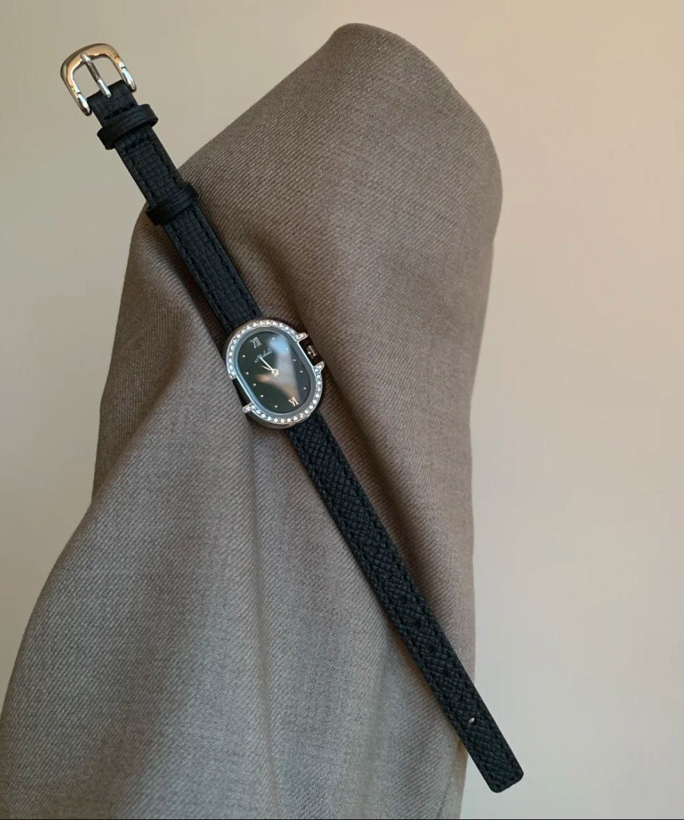 Modern Grey Leather Zircon Reinforced Glass Watches