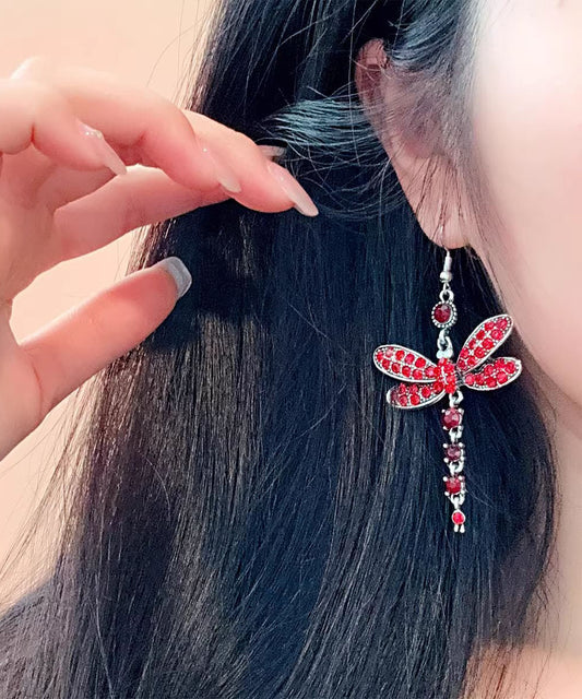 Red Alloy Zircon Dragonfly Drop Earrings