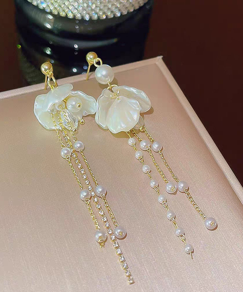 Gold Acrylic Alloy Pearl Petal Tassel Drop Earrings
