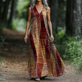Women's Retro Geometric Art Print V-neck Loose Midi Dress elevenforest