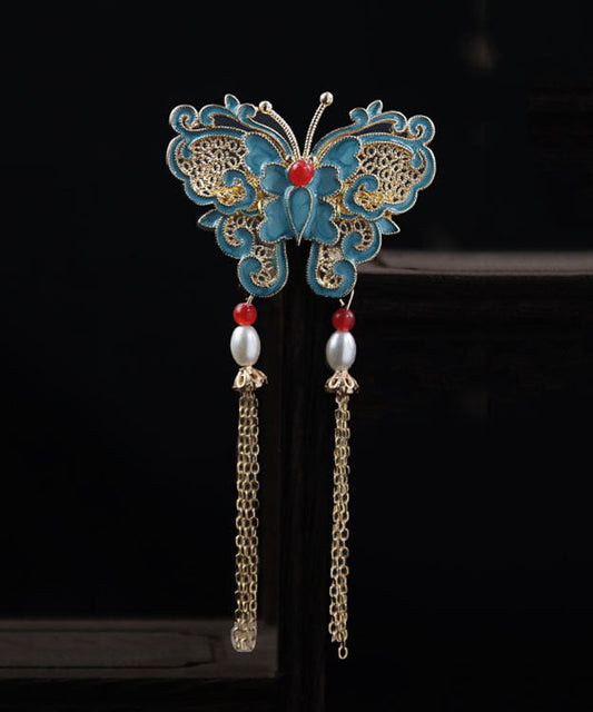 Blue Copper Overgild Pearl Butterfly Tassel Brooches