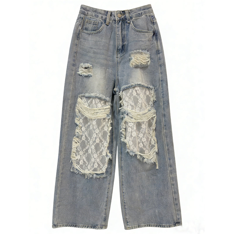 Comstylish Vintage Bohemian Lace-paneled Distressed Washed Denim Jeans
