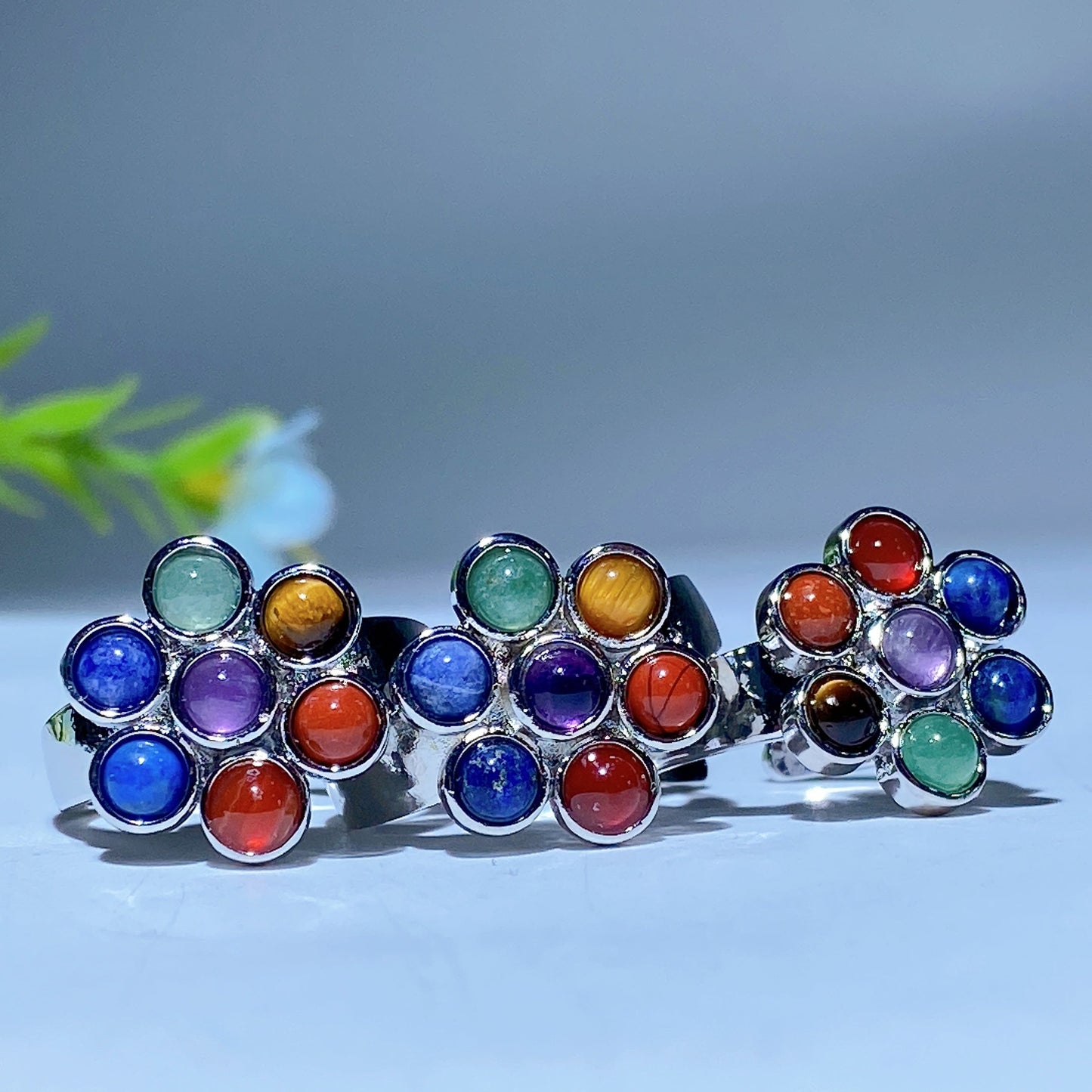 Chakra Crystal Flower Ring Silver 24mm Healing