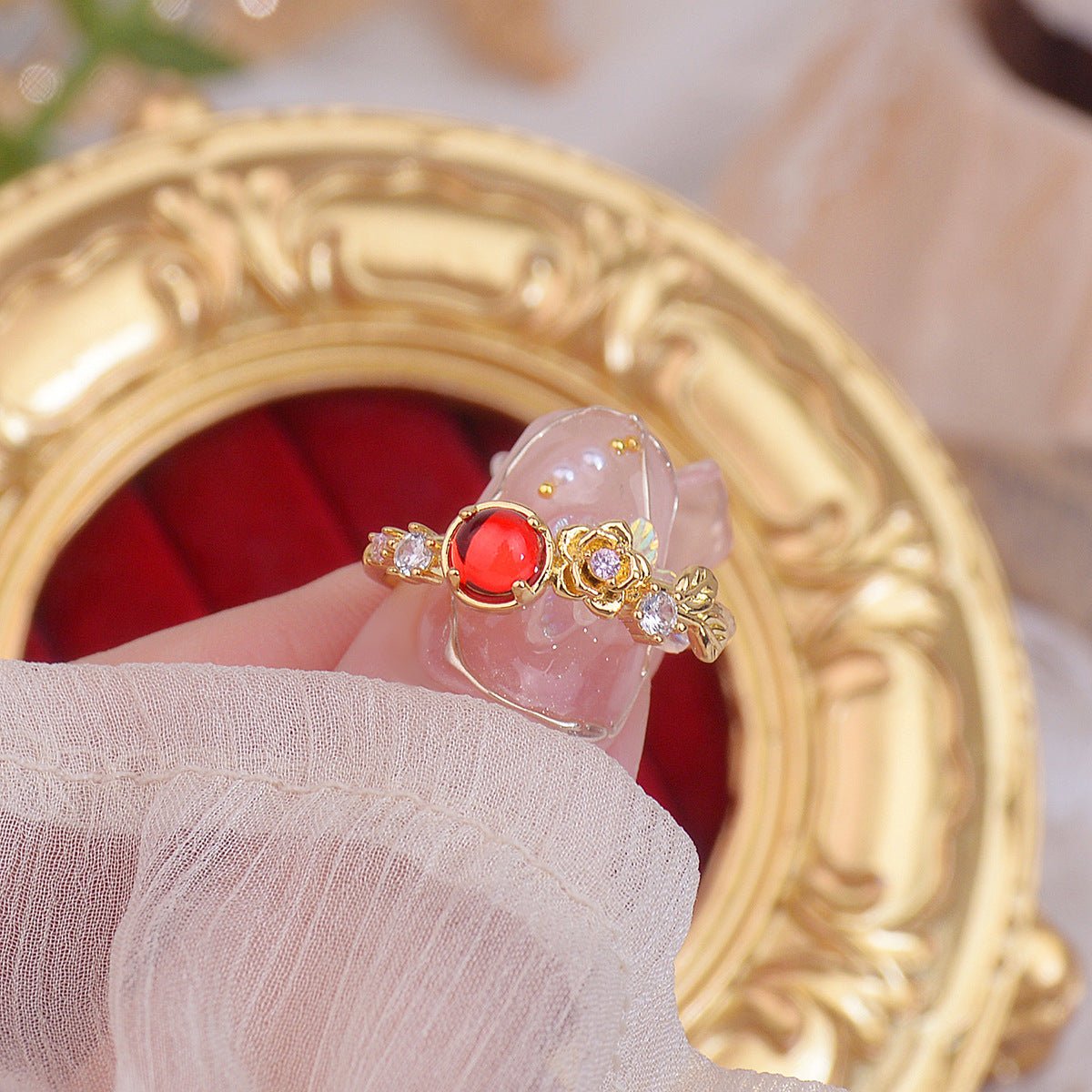 [] Red Gem Rose Ring