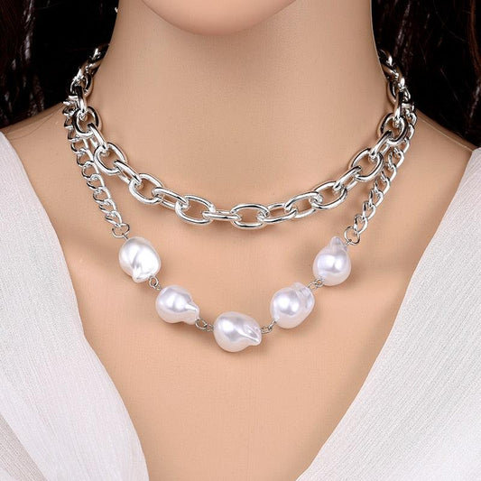 Chained Silver Pearl Necklace