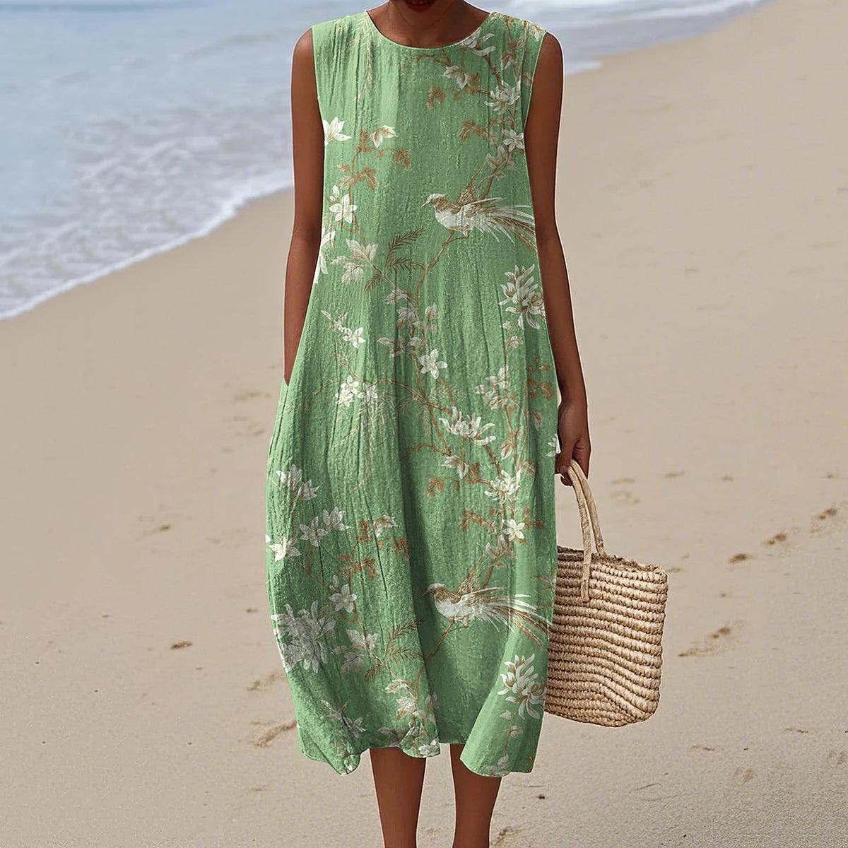 Women's Vintage Bird On Tree Pattern Comfortable Tank Dress elevenforest