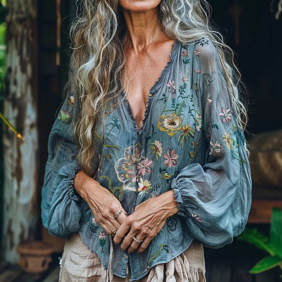 Bohemian Floral Linen Art Print Long Sleeve V-neck Shirt elevenforest