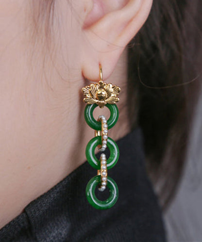 Green 18k Gold Pearl Patchwork Jadeite Hoop Earrings