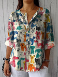 Women's Cute Kid Drawing Dog Print Casual Cotton Linen Shirt
