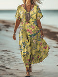 Women's Vintage Floral Art Print Pocket Cotton Dress