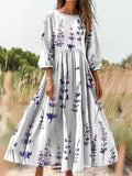Women's Lavender Print Flowy Round Neck Pocket Cotton Dress