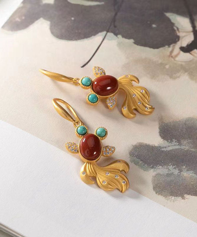 Yellow Sterling Silver Overgild Agate Zircon Turquoise Goldfish Drop Earrings