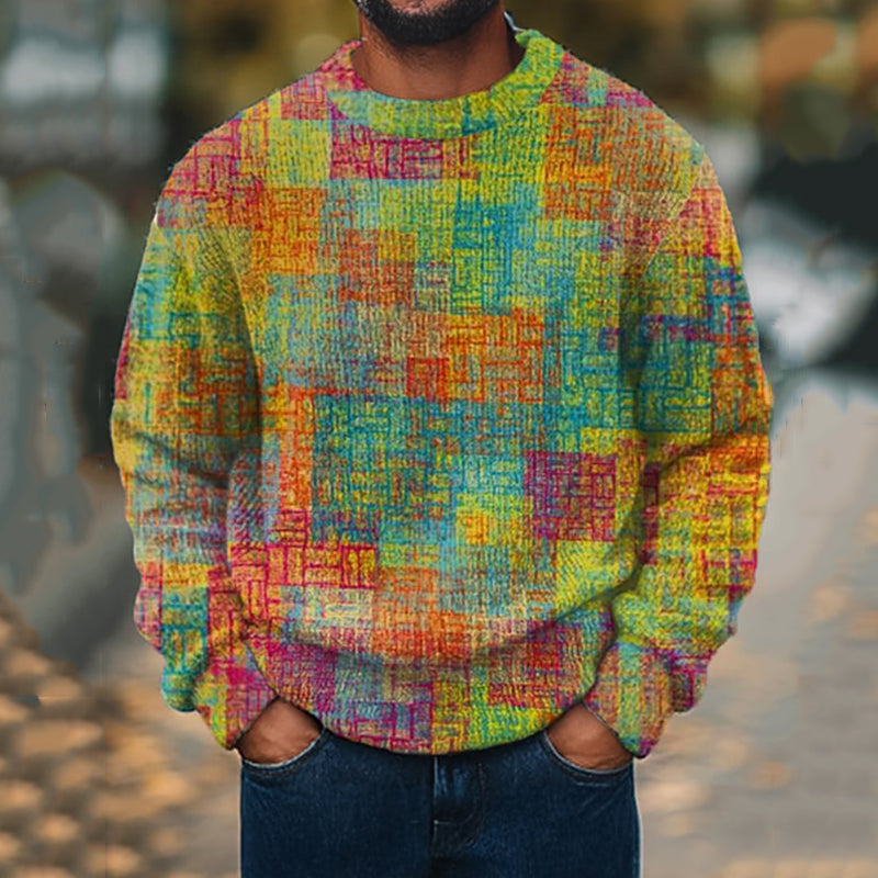 Men'S Geometric Color Block Print Knitted Sweater artswardrobe