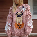 Halloween Cute Pug Pumpkin Graphic Chunky Knit Cozy Fuzzy Sweater elevenforest