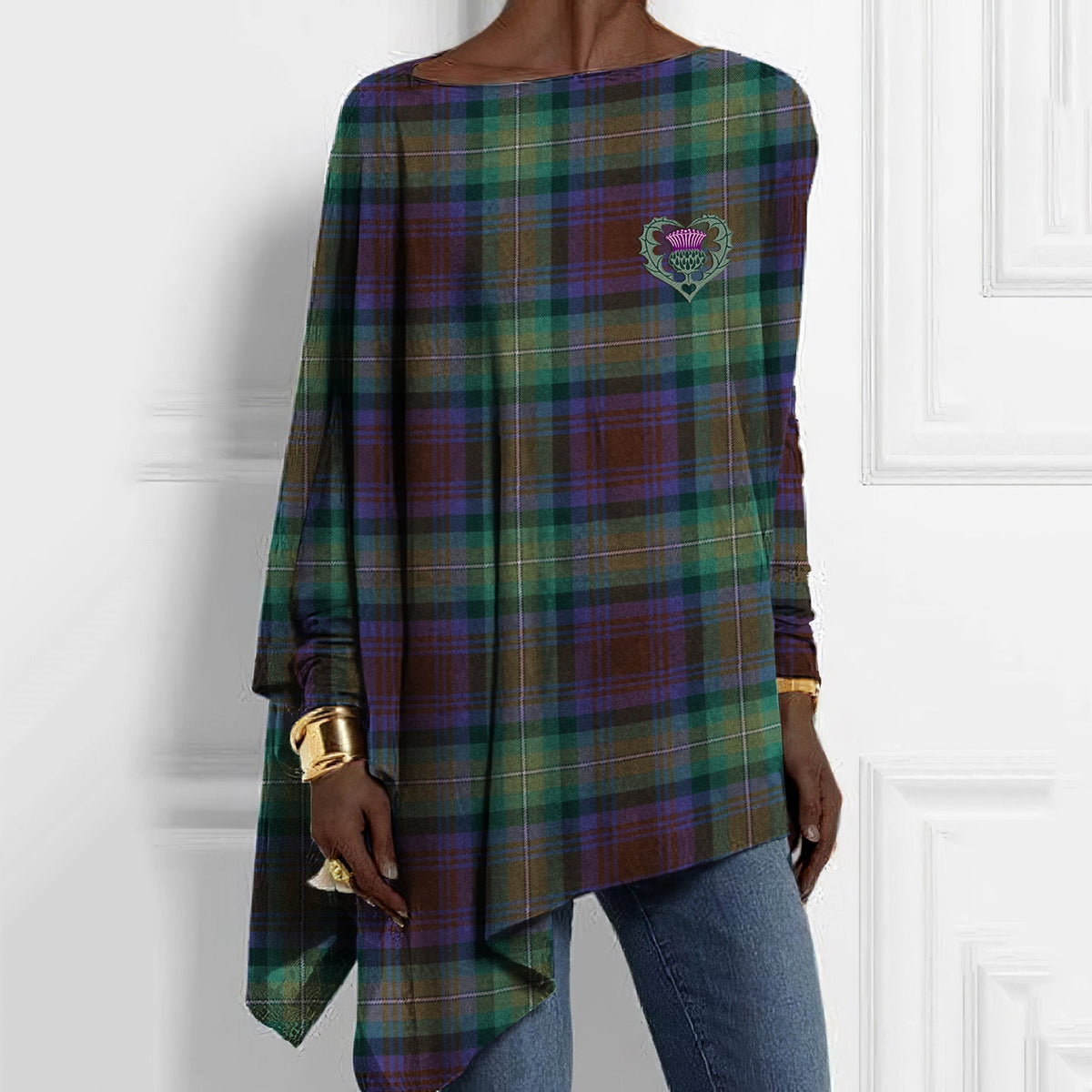Comstylish Vintage Scotland Plaid Thistle Embroidery Loose T-Shirt