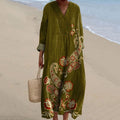 Women's Vintage Flower Art Print Linen Blend Dress elevenforest