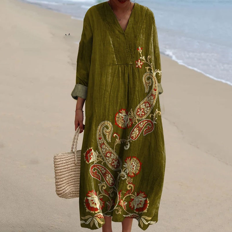 Women's Vintage Flower Art Print Linen Blend Dress elevenforest