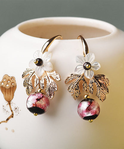 White Shell Flower Red Coloured Glaze Metal Drop Earrings