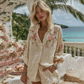 Vintage Pink Floral Art Button Down Comfy Linen Tunic