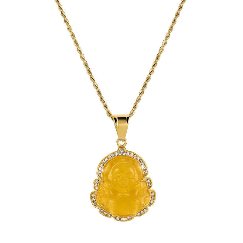 Buddha Stones 18k Gold Filled Laughing Buddha Jade Luck Necklace Chain Pendant
