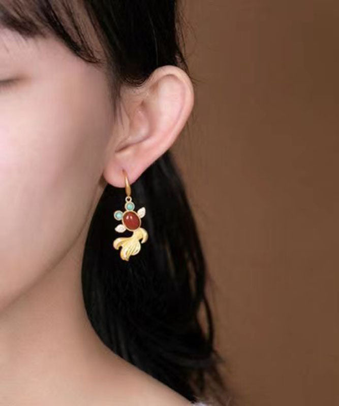 Yellow Sterling Silver Overgild Agate Zircon Turquoise Goldfish Drop Earrings