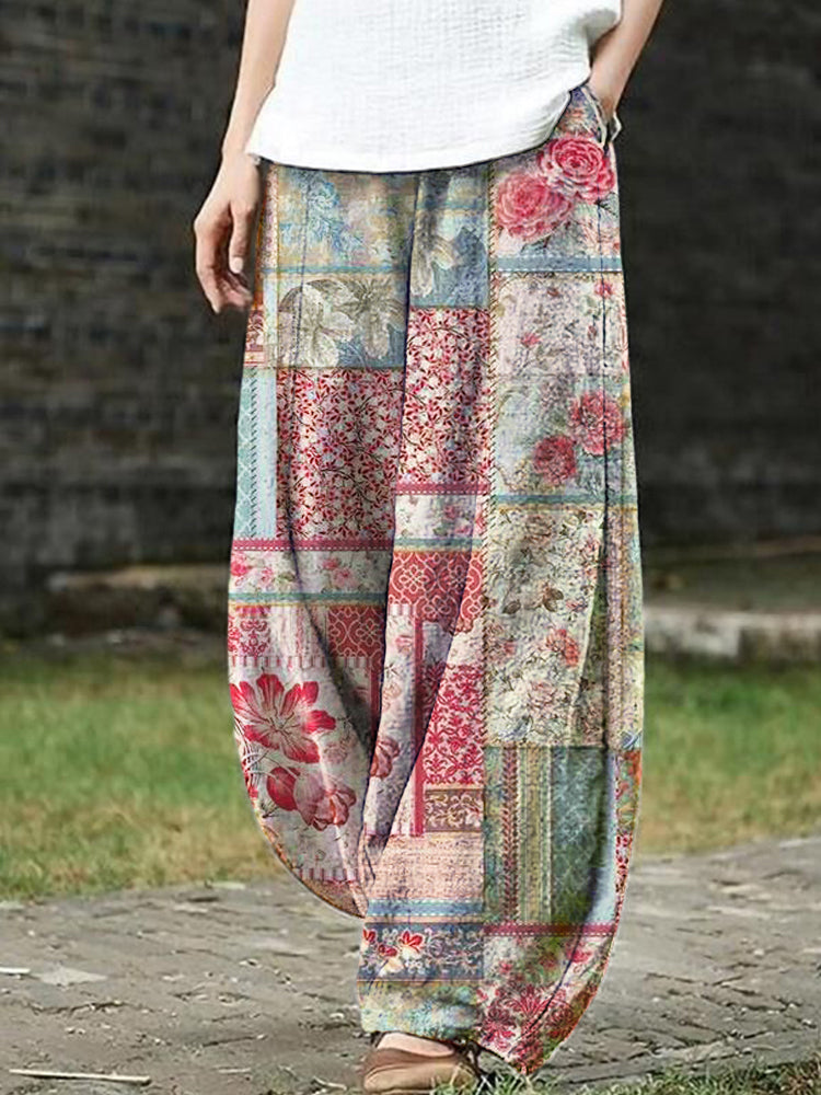 Comstylish Vintage Floral Patchwork Printed Women's Loose Linen Pants