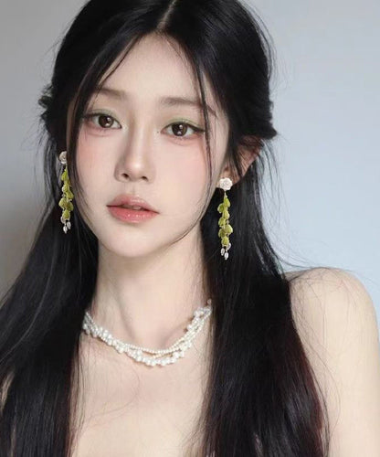 Green Sterling Silver Alloy Pearl Lily of the Valley Tassel Drop Earrings