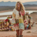 Women's Patchwork Floral Art Cozy Knit Mini Sweater Dress elevenforest