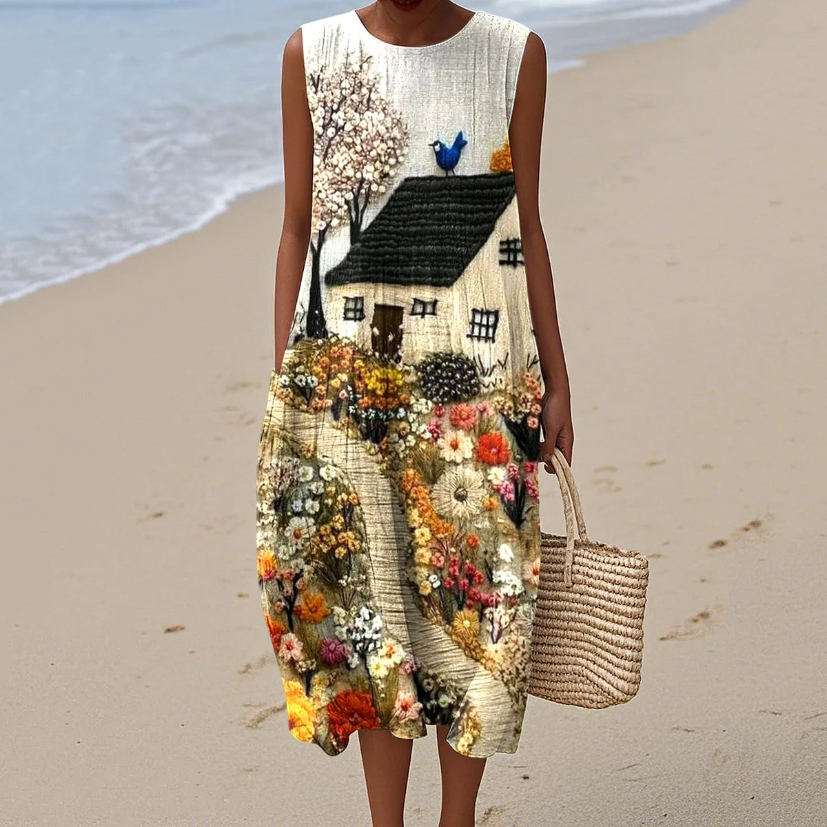 Vintage Loose  Hometown Rural Farm Bird Art Sleeveless Cotton And Linen Tank Dress elevenforest