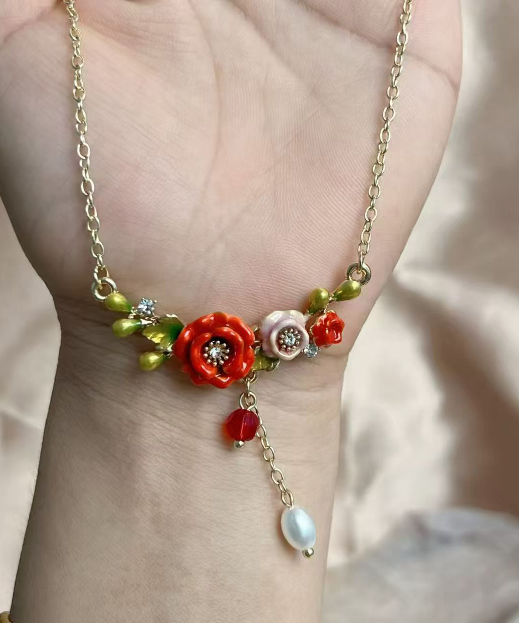 Gold Sterling Silver Alloy Pearl Tassel Pendant Necklace