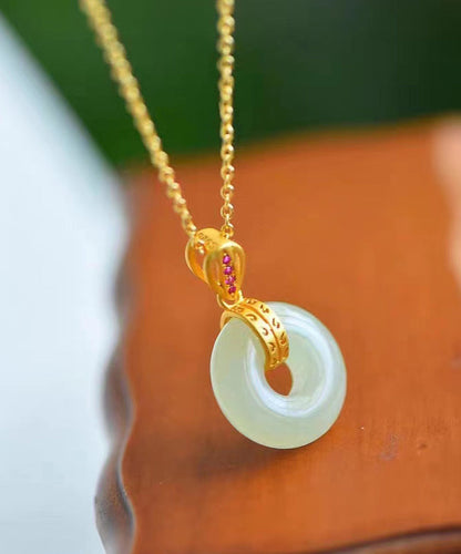 Gold Stainless Steel Alloy Jade Zircon Pendant Necklace
