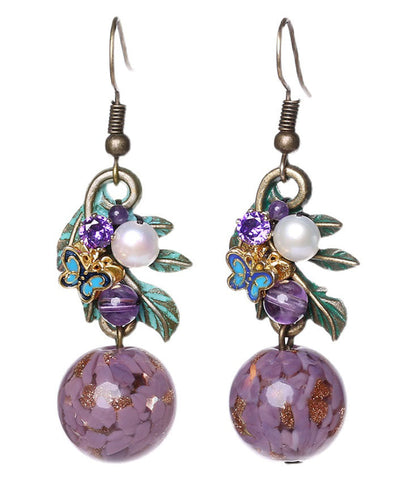 Purple Sterling Silver Zircon Jade Crystal Cloisonne Coloured Glaze Drop Earrings