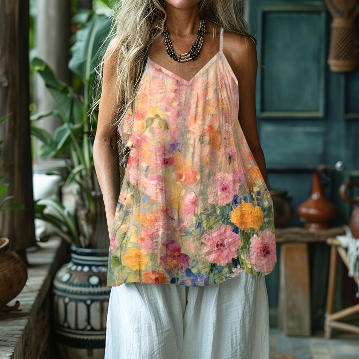 Comstylish Vintage Floral Art Pattern V-neck Top
